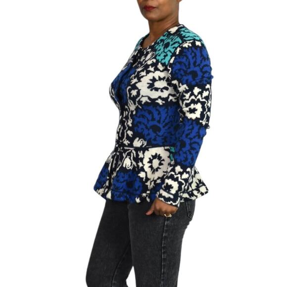 J Peterman Emmas Sweater Blue Hourglass Peplum Cardigan Green Floral Wool Small - Picture 5 of 16